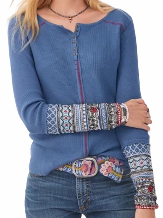 Sundance Tops - Sundance Caitlin Embroidered Beaded Cuff Henley Top Size Small Blue Waffle Knit